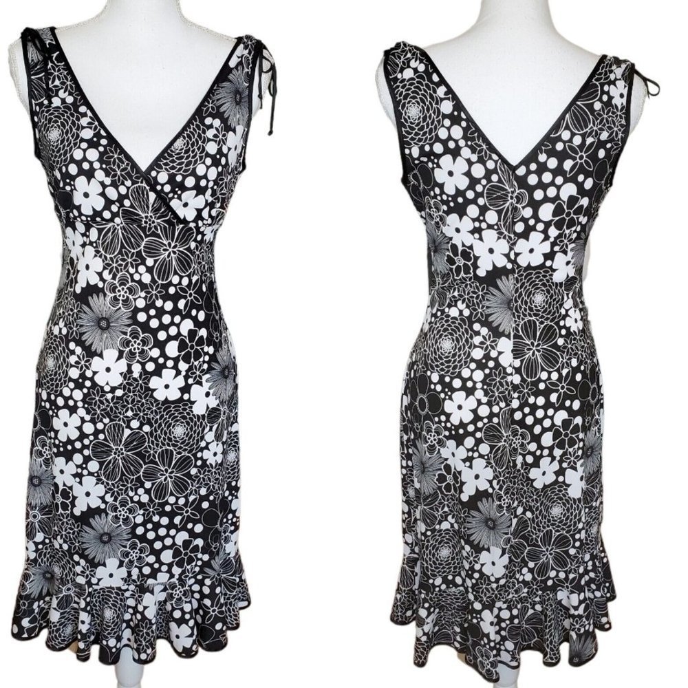 Vintage‎ 90s Y2K Floral Slip Dress Black White Floral Below Knees Stretchy S/M